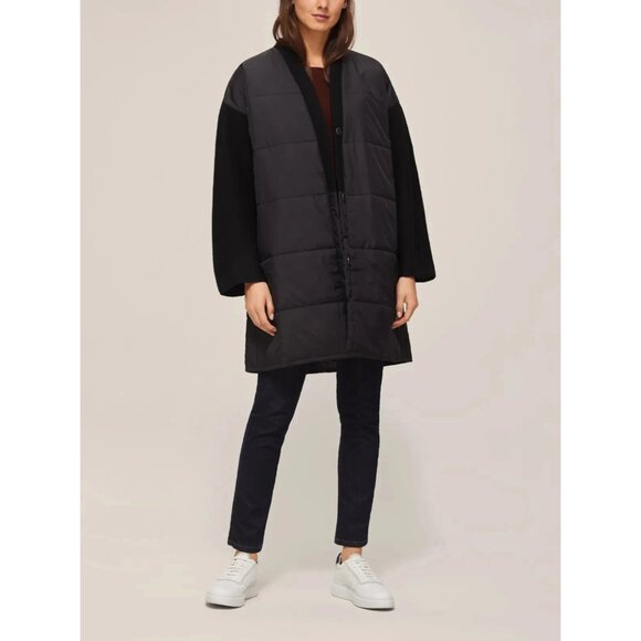 Eileen Fisher Womens Small Quilted Belt Wool Sleeve Black Long Jacket - Picture 2 of 13